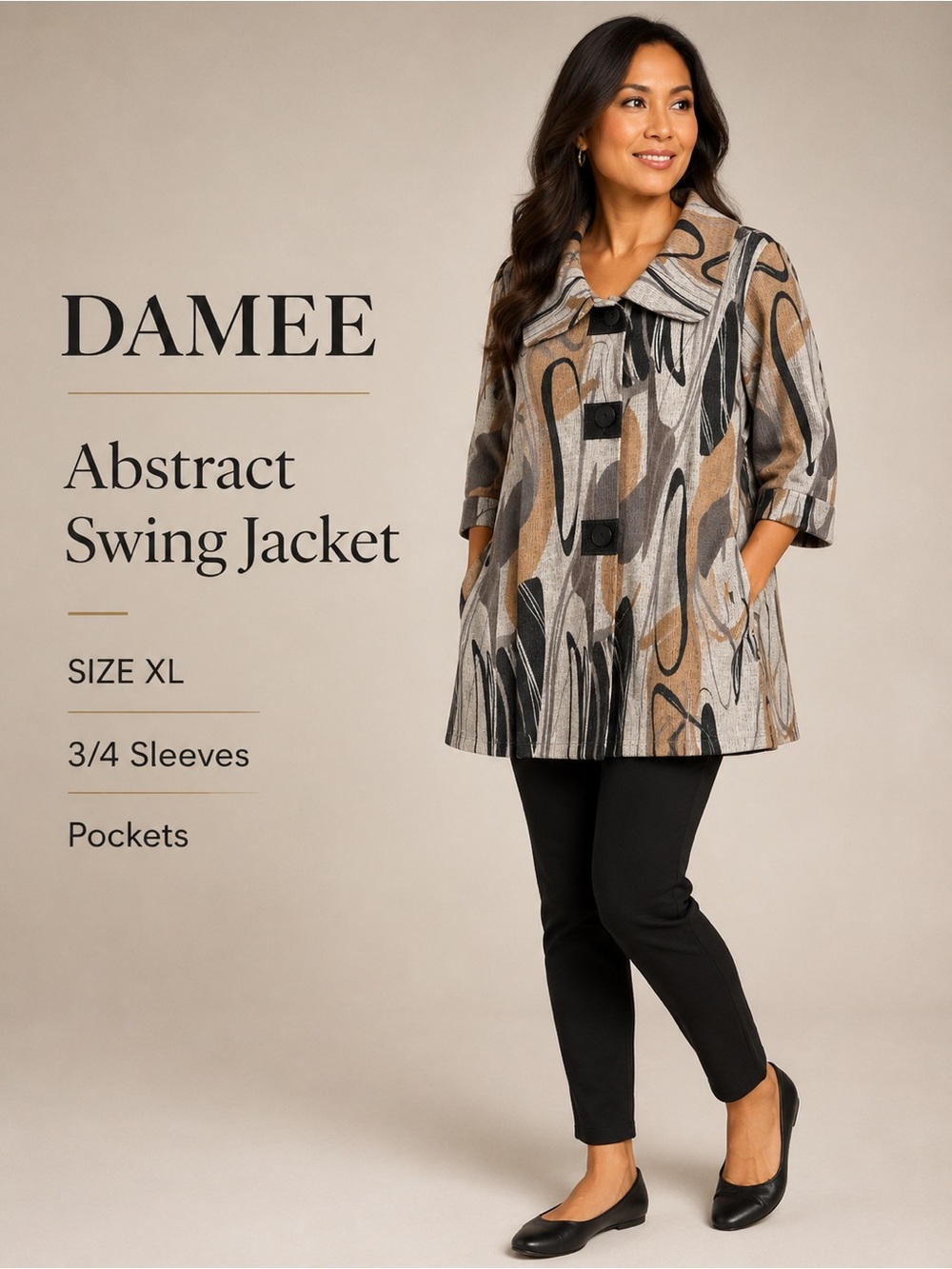 Damee Abstract Painting Swing Jacket Brown Gray Black Size XL NWT
